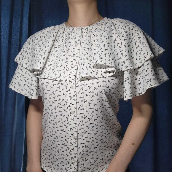 Japanese white ruffle big sleeved dainty floral pattern blouse for work - Picture 6 of 14